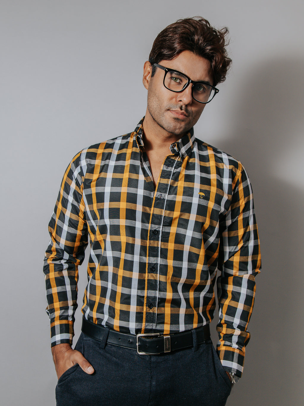 Camisa Hombre Casual Cuadros Blanco Naranja Negro