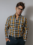 Camisa Hombre Casual Cuadros Blanco Naranja Negro