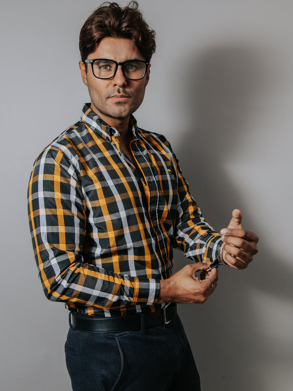 Camisa Hombre Casual Cuadros Blanco Naranja Negro