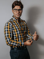 Camisa Hombre Casual Cuadros Blanco Naranja Negro