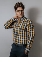 Camisa Hombre Casual Cuadros Blanco Naranja Negro