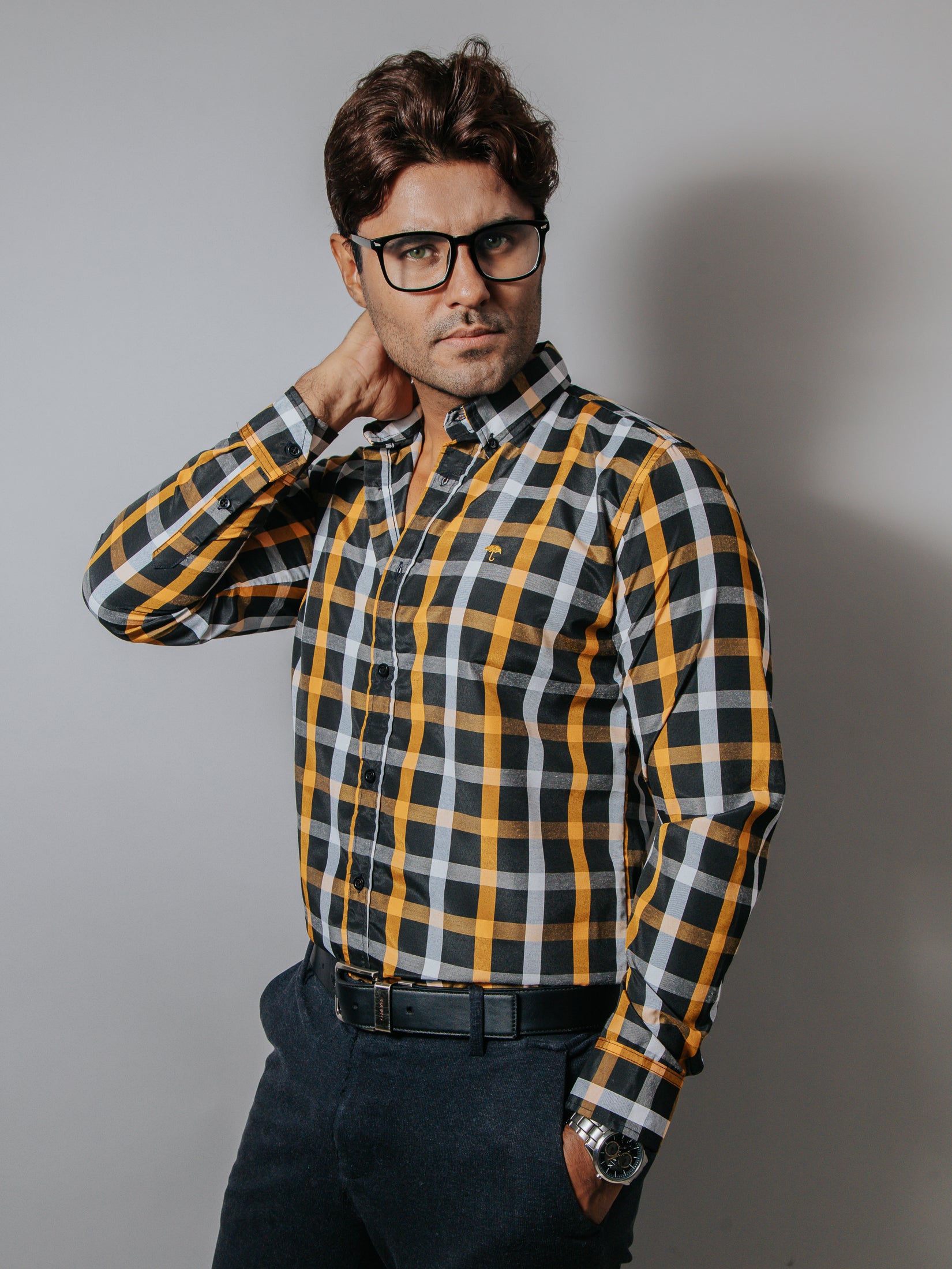 Camisa Hombre Casual Cuadros Blanco Naranja Negro