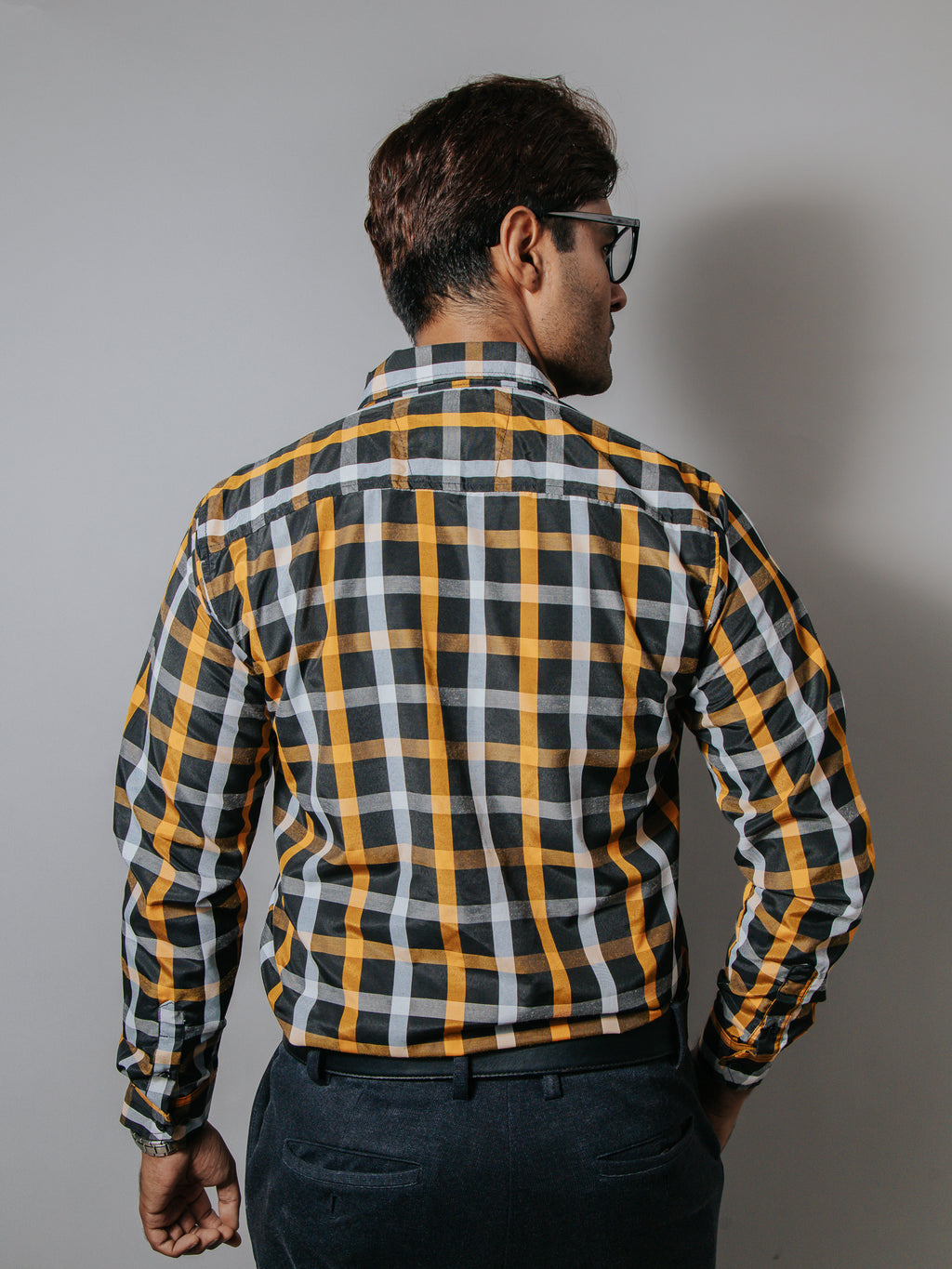 Camisa Hombre Casual Cuadros Blanco Naranja Negro