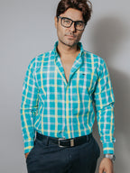 Camisa Hombre Casual Cuadros Verde Blanco y Azul