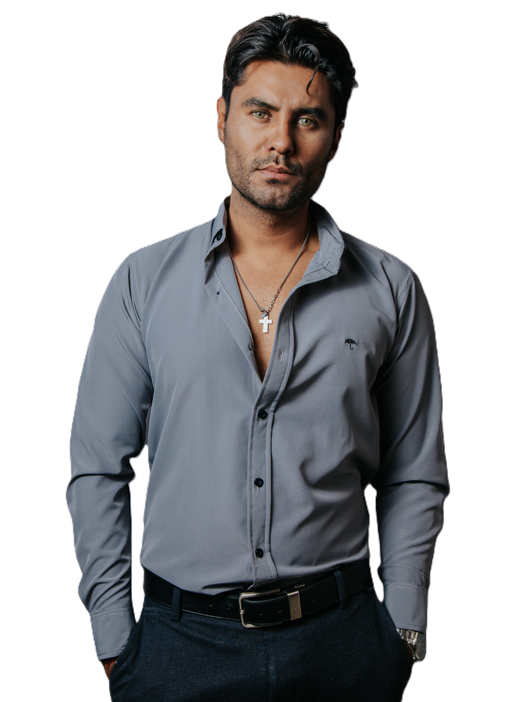 Camisa Hombre Casual Gris Claro Lisa