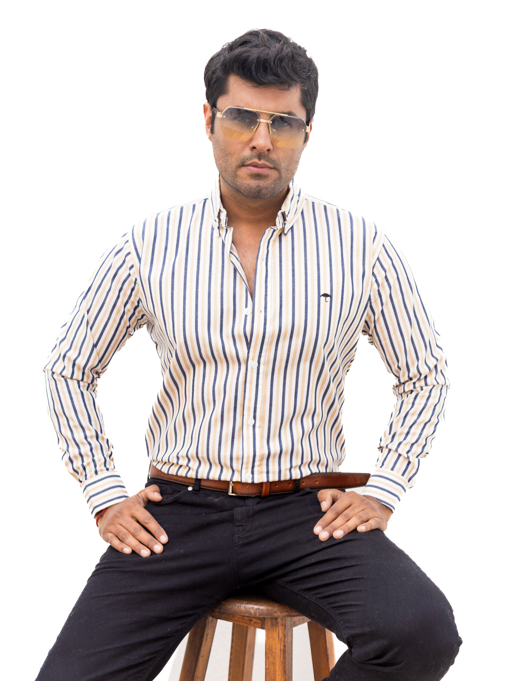 Camisa Hombre Casual Rayas Gris Blanco Beige