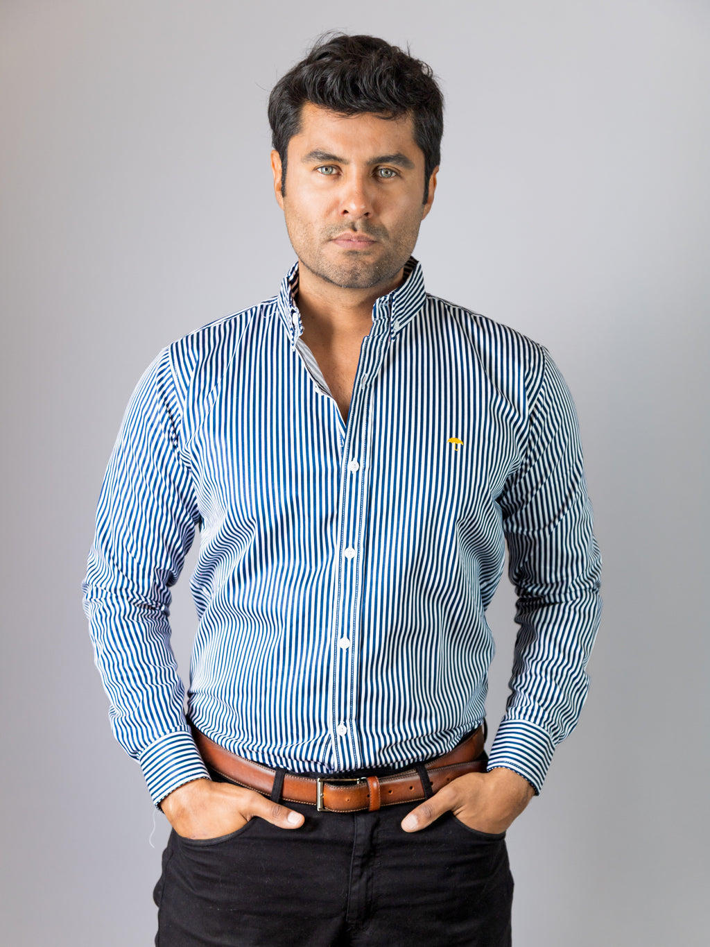 Camisa Hombre Casual Rayas Azul Marino Blanco