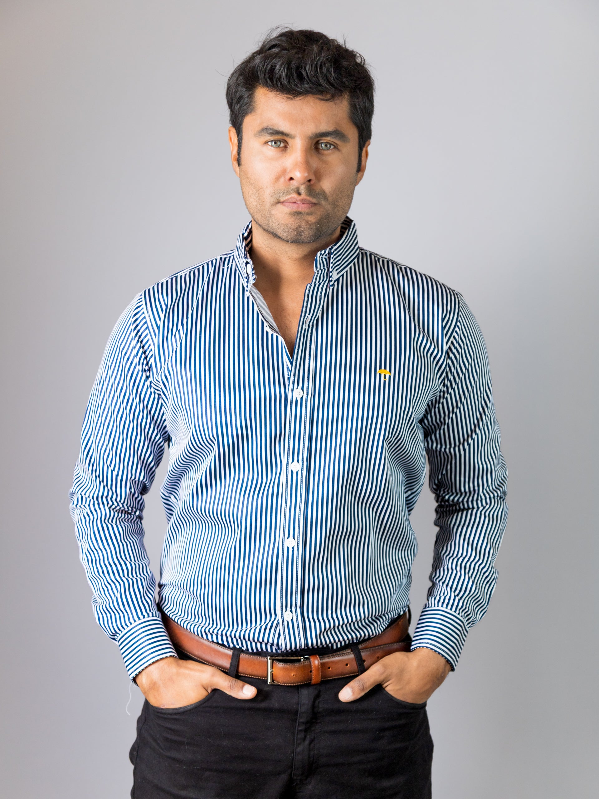 Camisa Hombre Casual Rayas Azul Marino Blanco