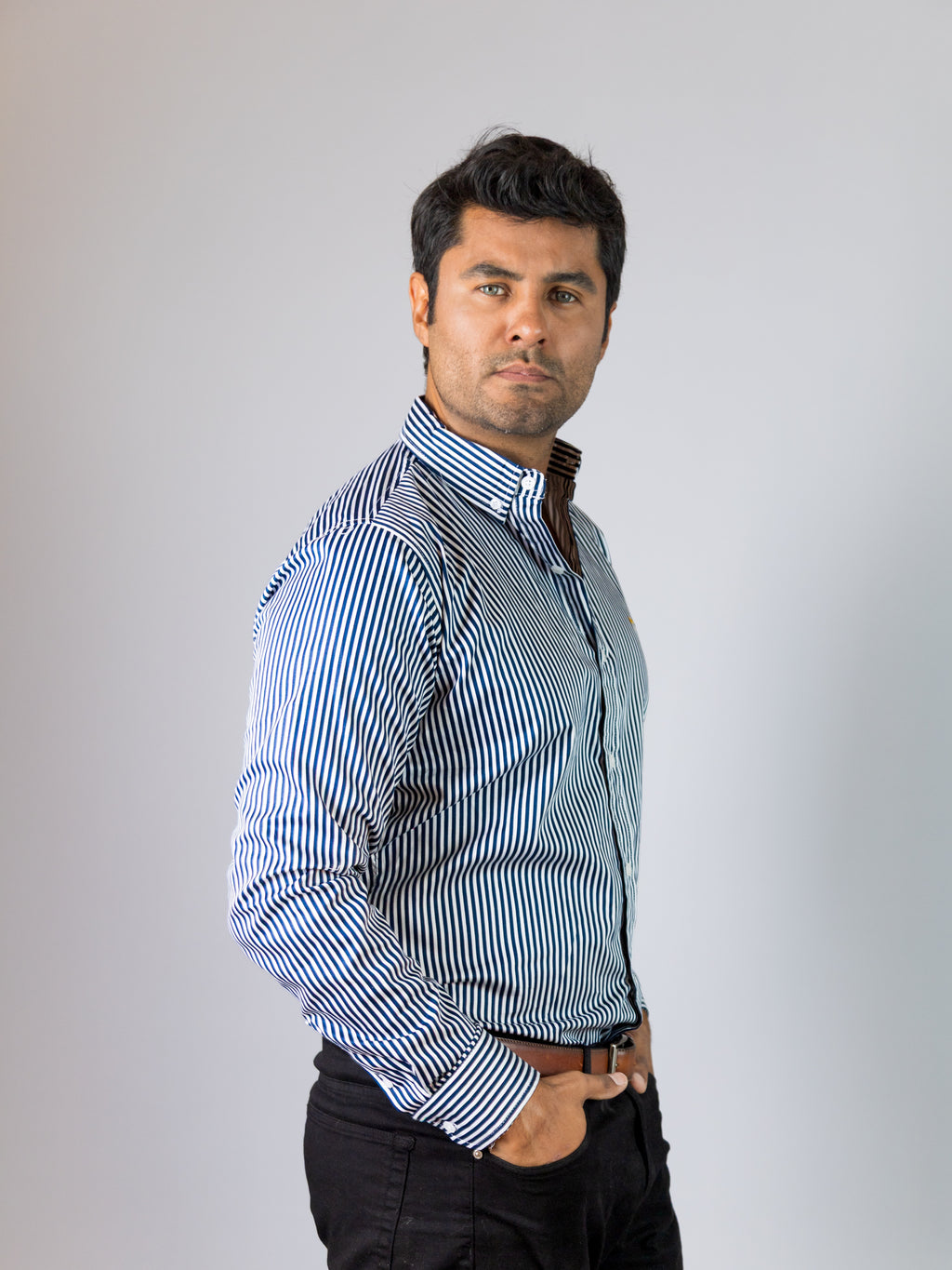 Camisa Hombre Casual Rayas Azul Marino Blanco