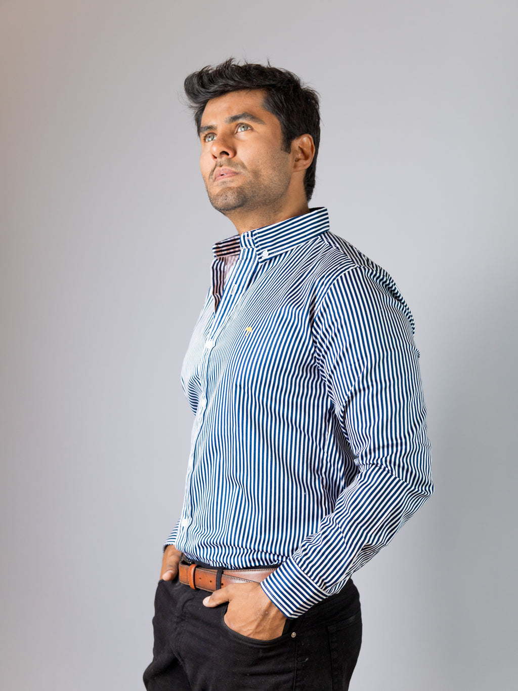 Camisa Hombre Casual Rayas Azul Marino Blanco
