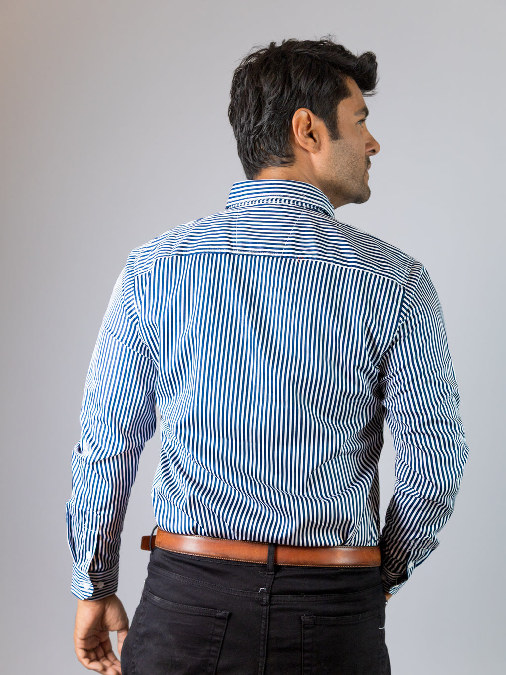 Camisa Hombre Casual Rayas Azul Marino Blanco