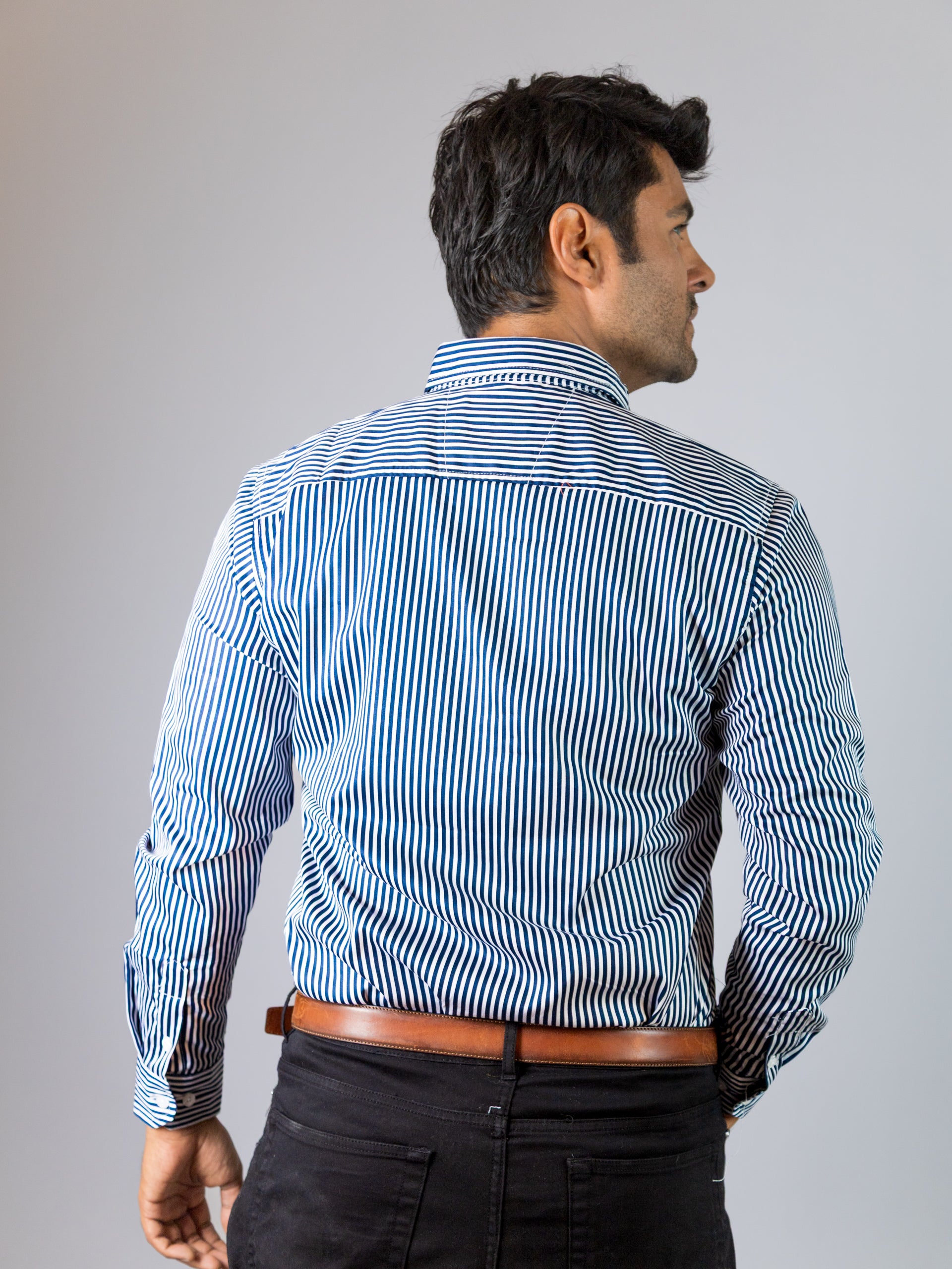 Camisa Hombre Casual Rayas Azul Marino Blanco