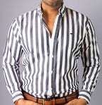 Camisa Hombre Casual Rayas Gris Blanco
