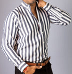 Camisa Hombre Casual Rayas Gris Blanco