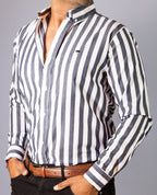 Camisa Hombre Casual Rayas Gris Blanco
