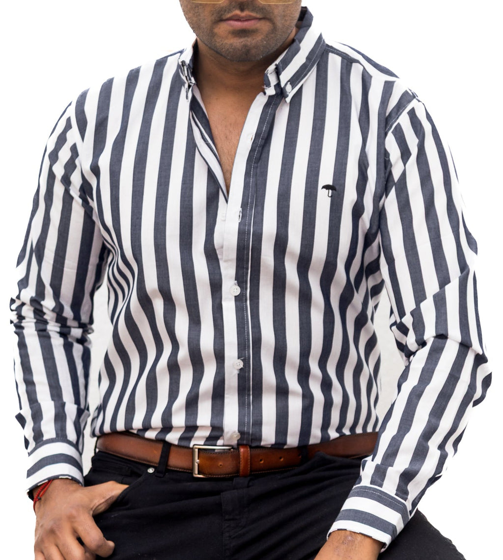 Camisa Hombre Casual Rayas Gris Blanco