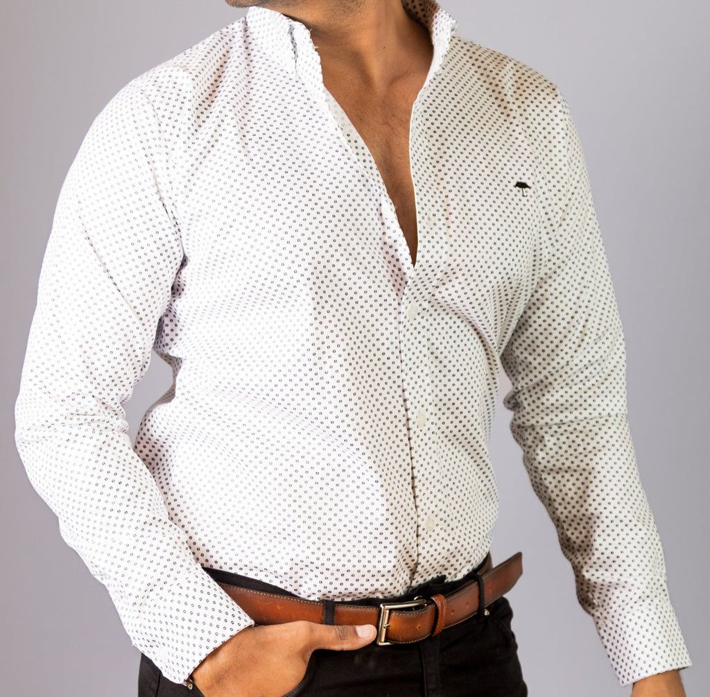 Camisa Hombre Casual Blanca Mini Círculos Negros