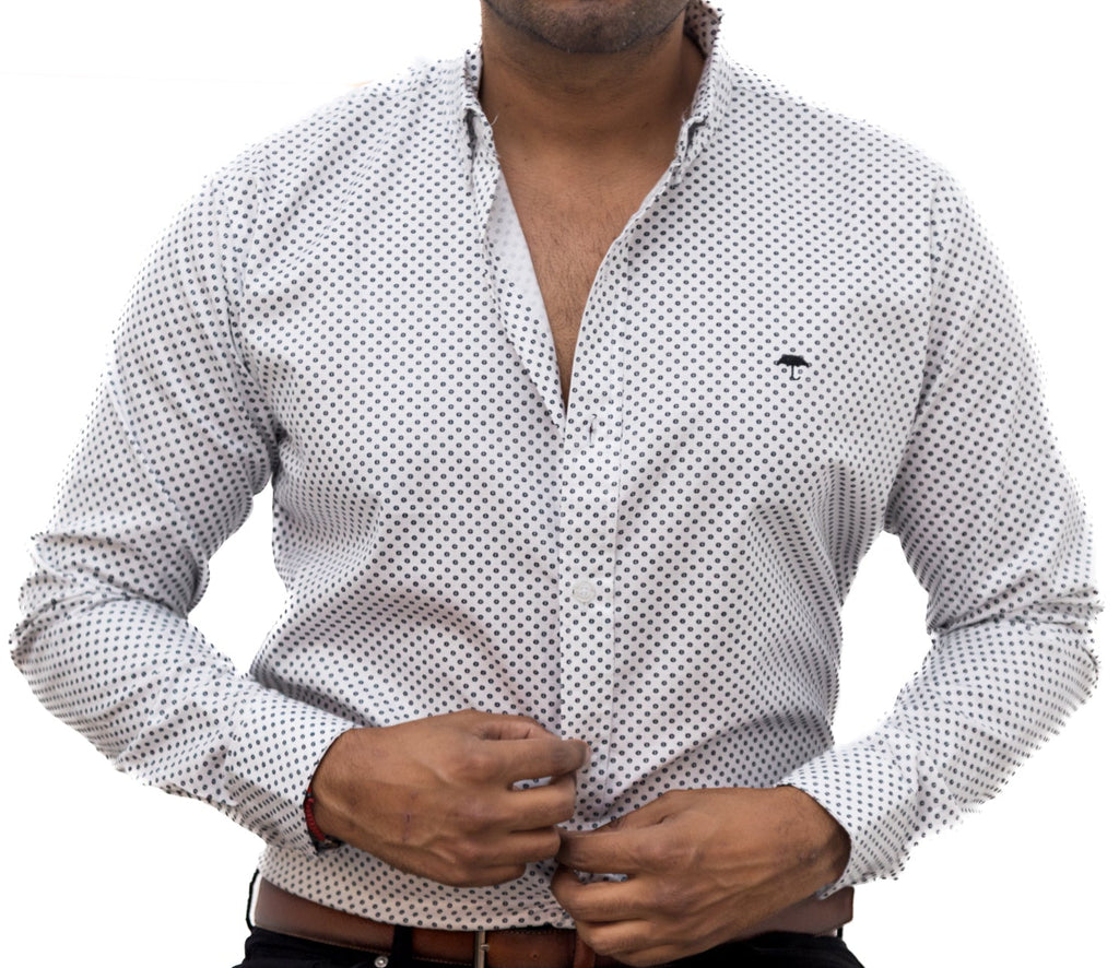 Camisa Hombre Casual Blanca Mini Círculos Negros