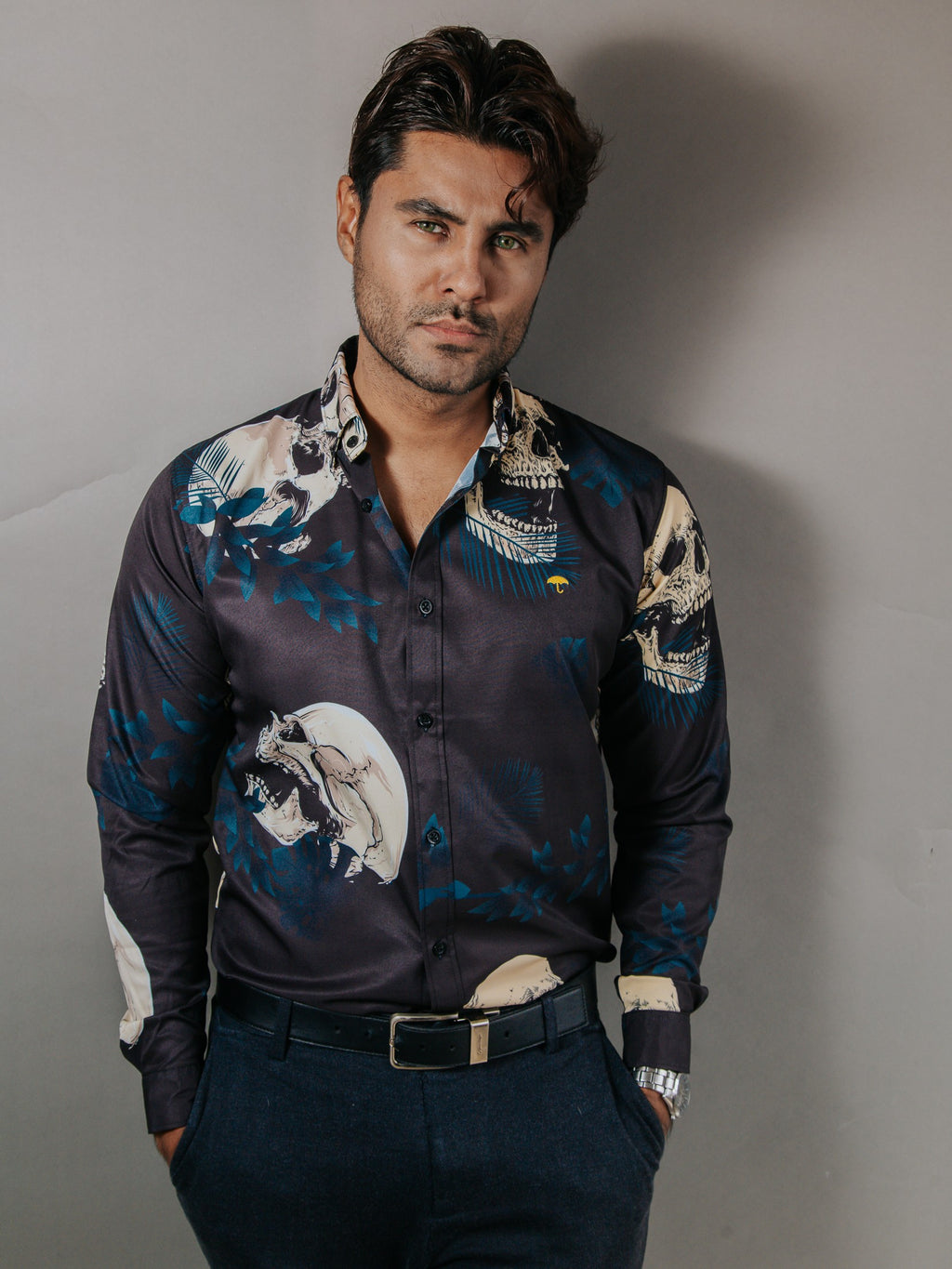 Camisa Hombre Casual Negro Calavera Beige Hojas Azul
