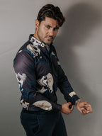 Camisa Hombre Casual Negro Calavera Beige Hojas Azul