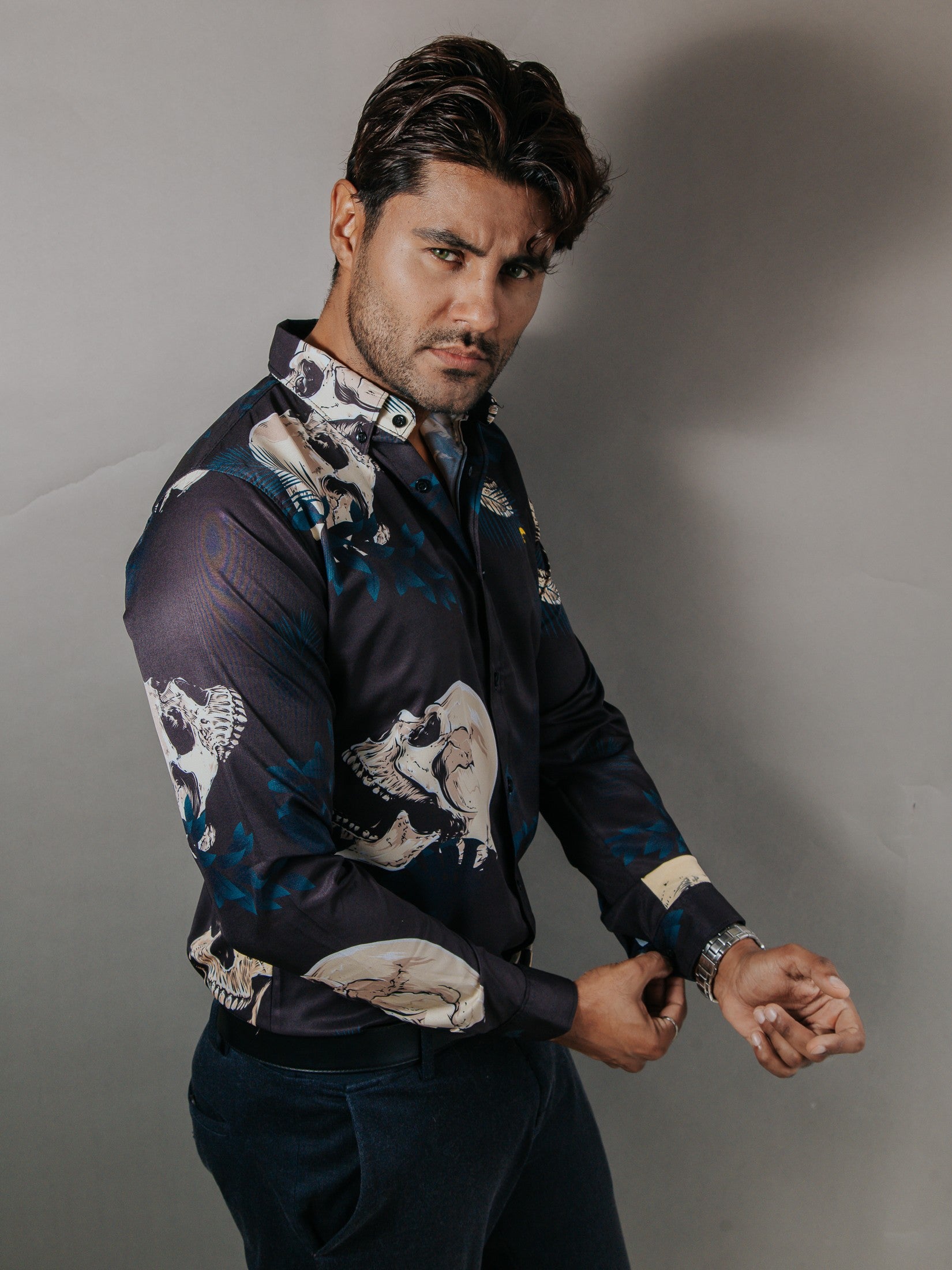 Camisa Hombre Casual Negro Calavera Beige Hojas Azul