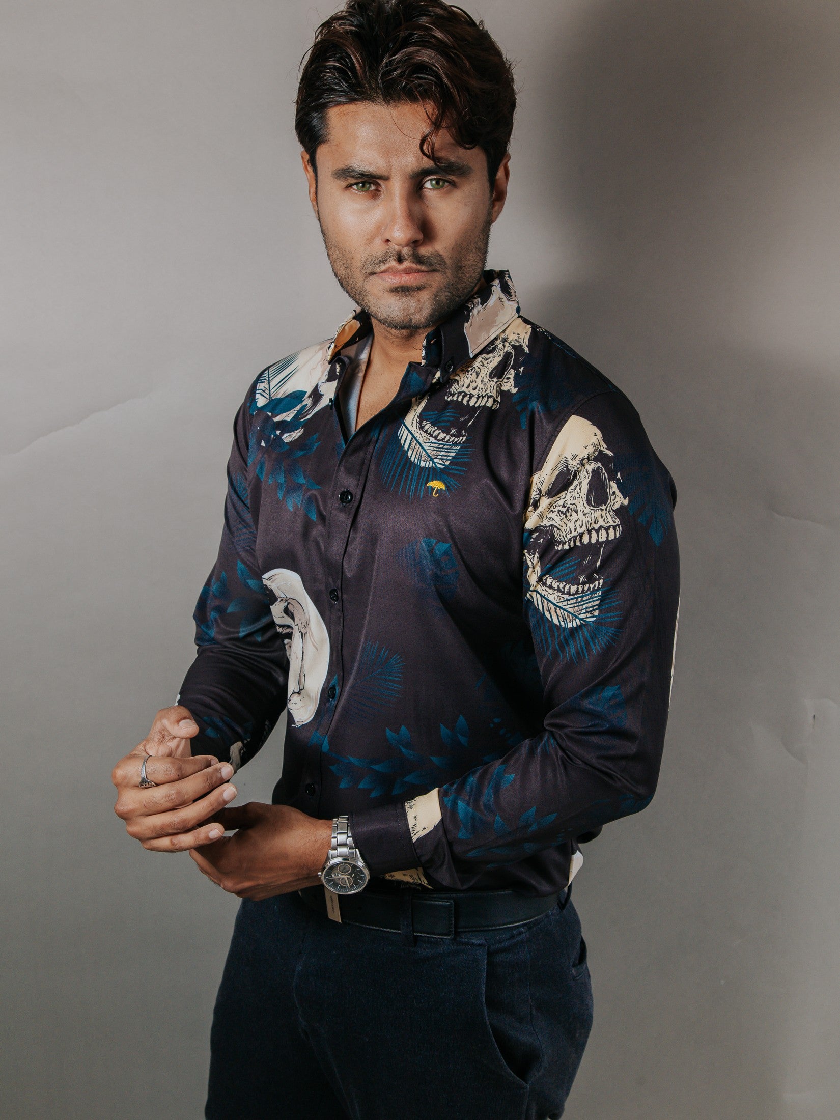 Camisa Hombre Casual Negro Calavera Beige Hojas Azul