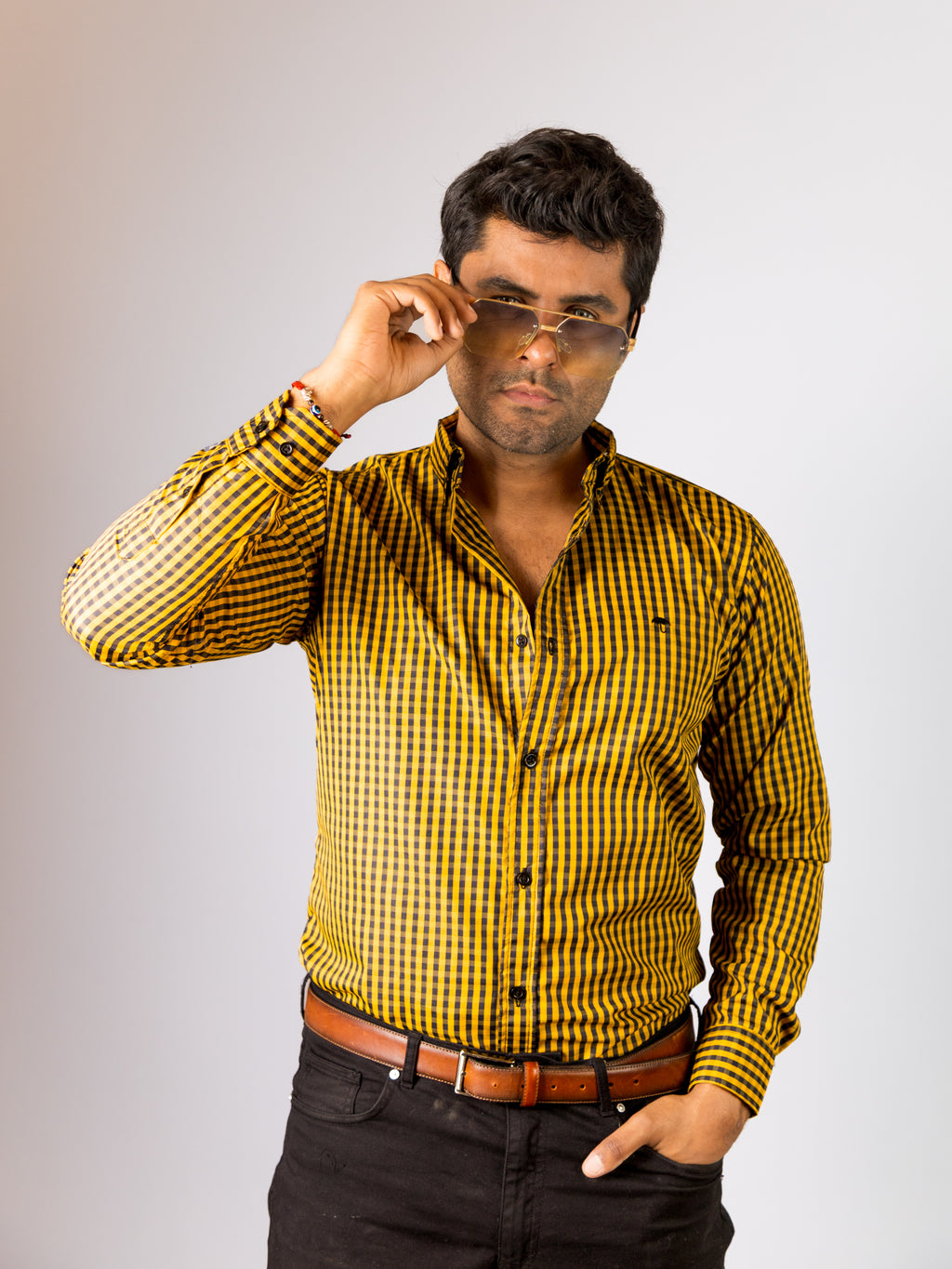 Camisa Hombre Casual Mini Cuadros Amarillos Negros