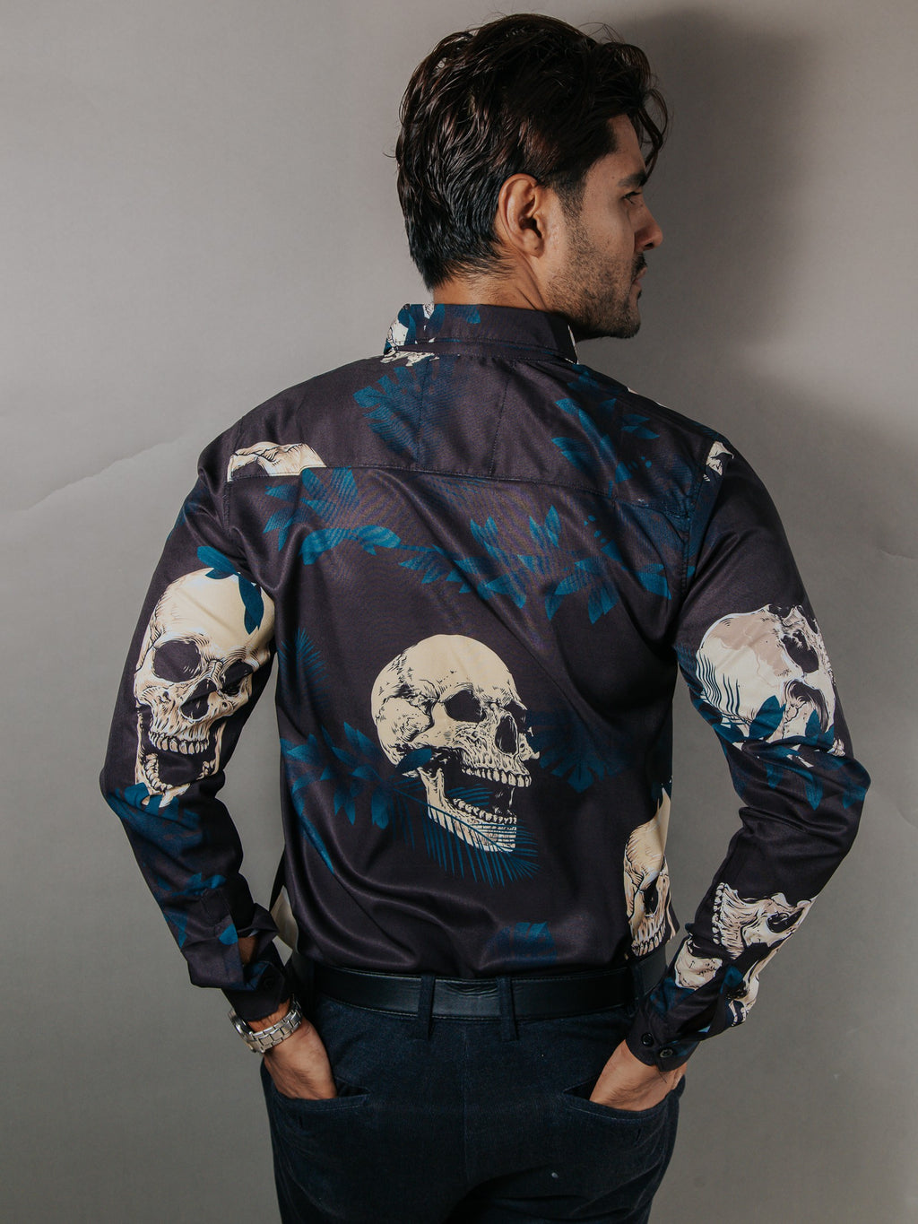 Camisa Hombre Casual Negro Calavera Beige Hojas Azul