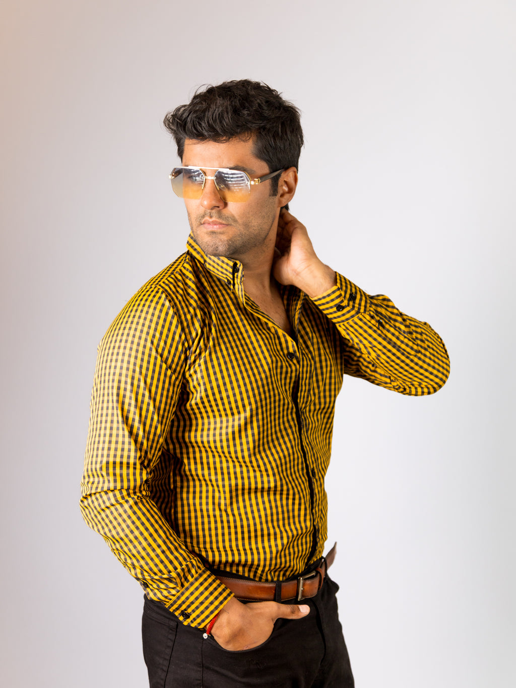 Camisa Hombre Casual Mini Cuadros Amarillos Negros