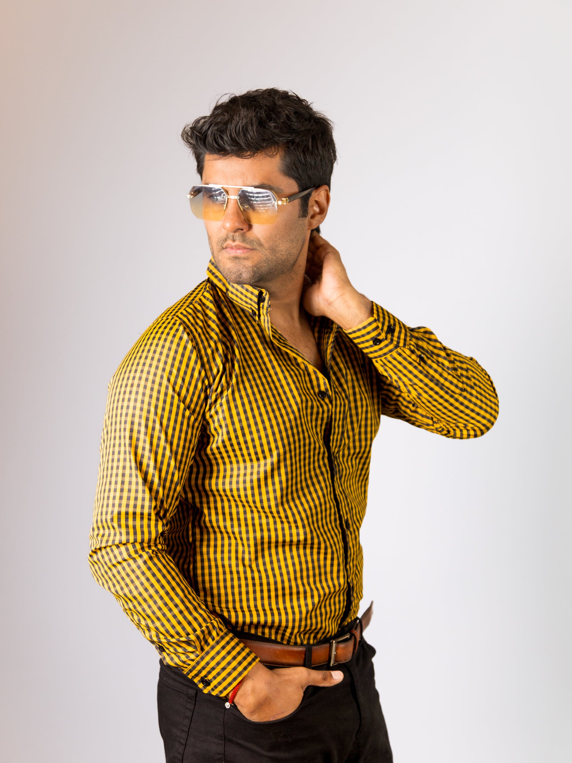 Camisa Hombre Casual Mini Cuadros Amarillos Negros