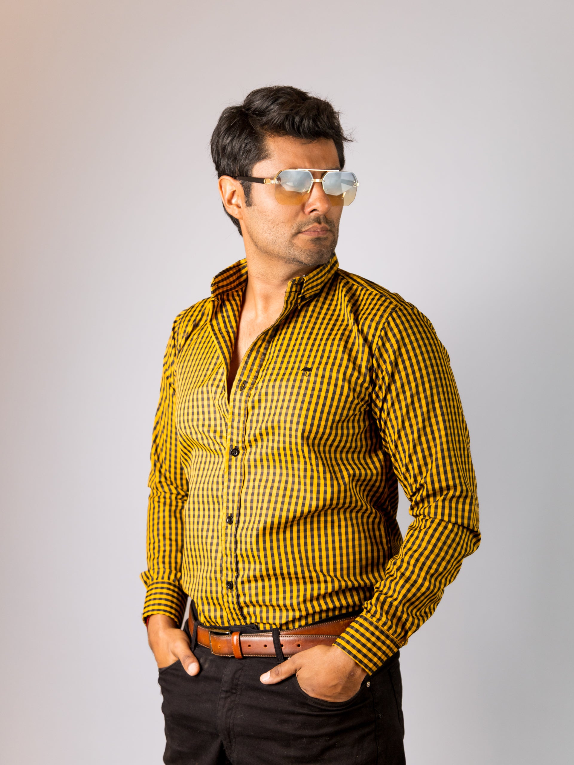 Camisa Hombre Casual Mini Cuadros Amarillos Negros