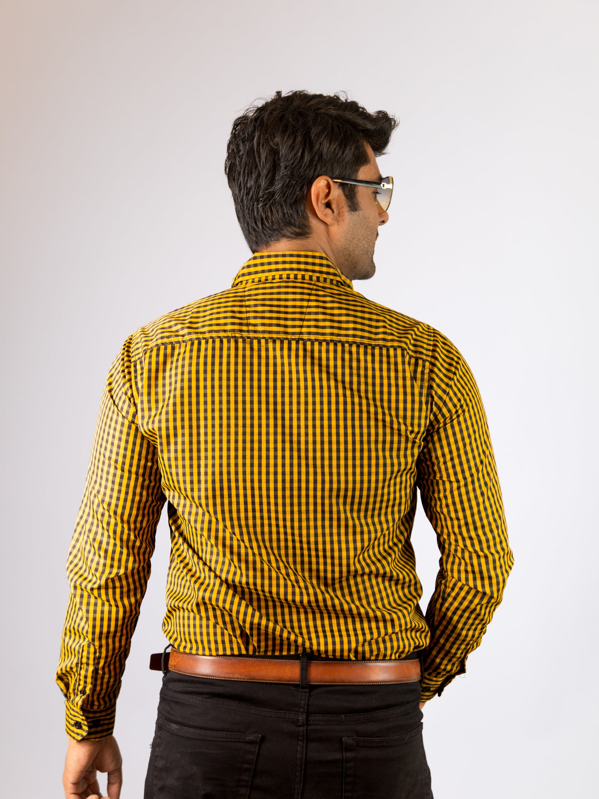 Camisa Hombre Casual Mini Cuadros Amarillos Negros