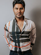 Camisa Casual Hombre Crema Líneas Chocolate Naranja Flores