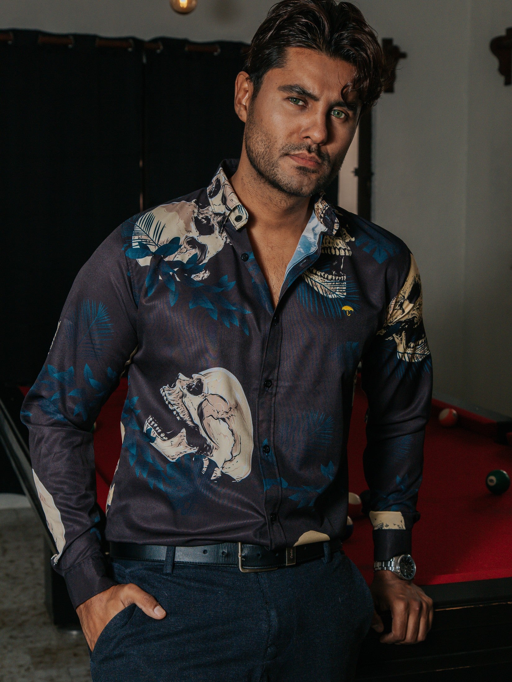 Camisa Hombre Casual Negro Calavera Beige Hojas Azul