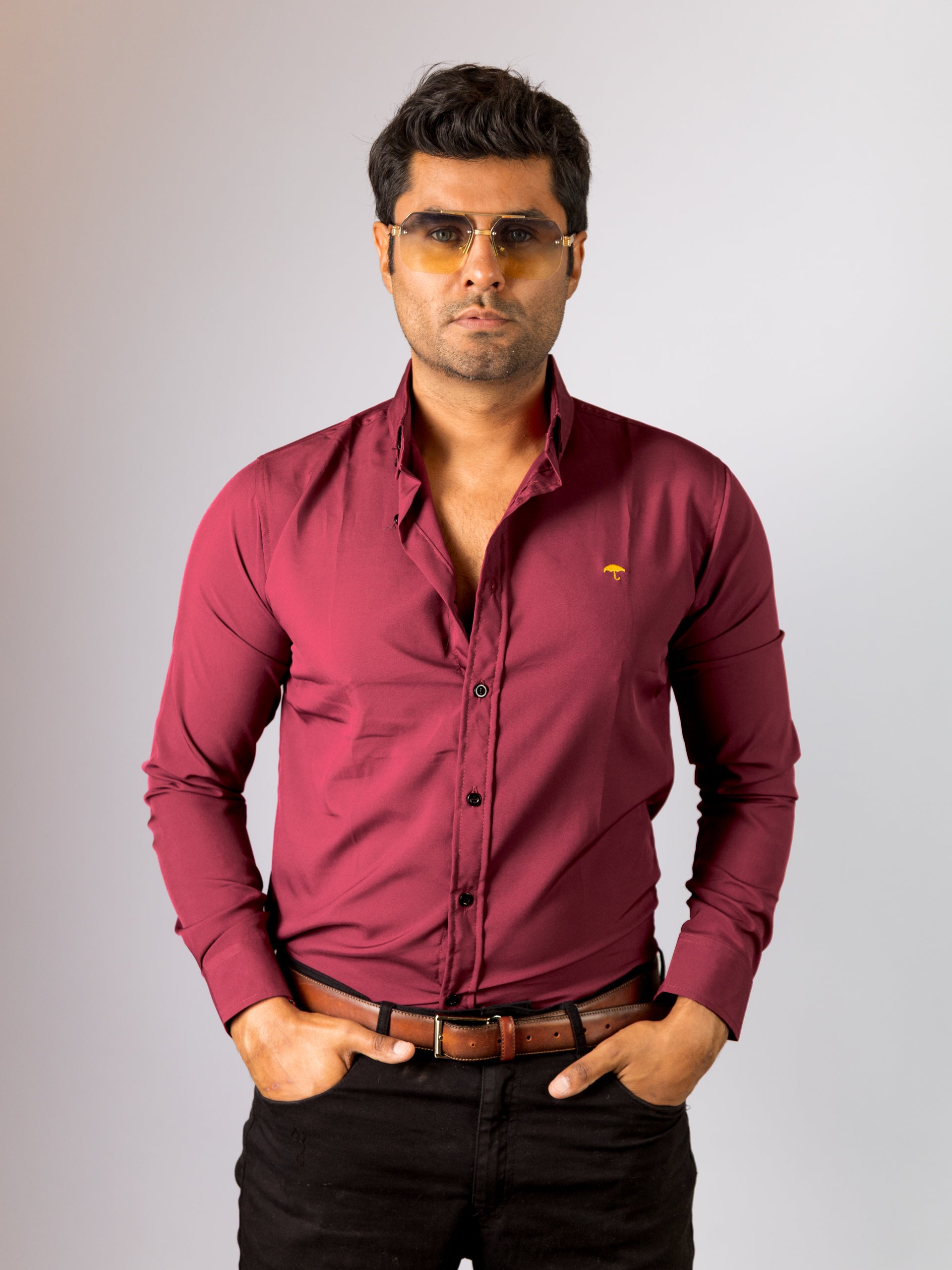 Camisa Hombre Casual Manga Larga Vino Lisa