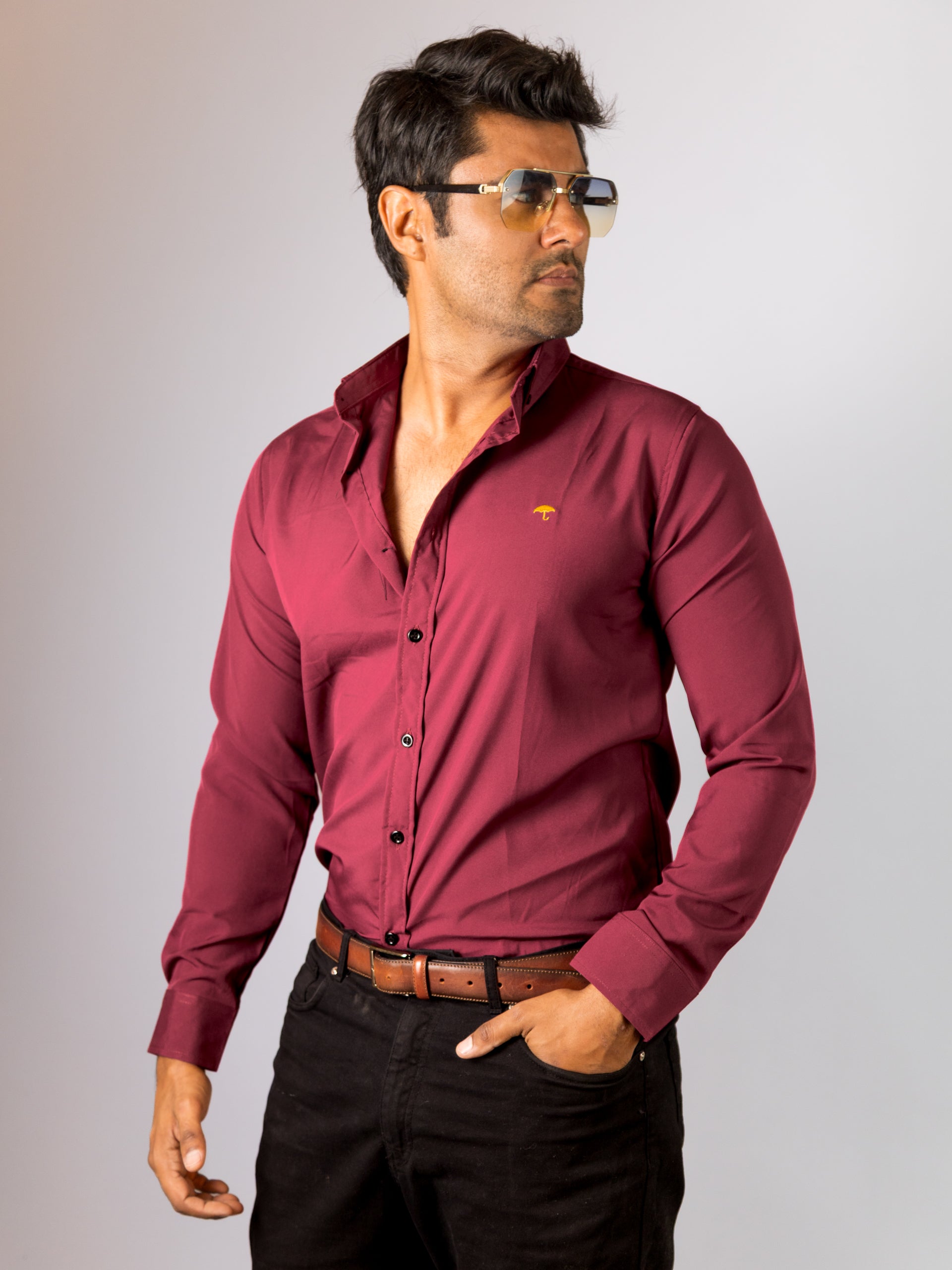 Camisa Hombre Casual Manga Larga Vino Lisa