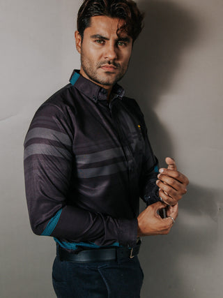 Camisa Hombre Casual Negro Detalles Griego Menta Oscuro
