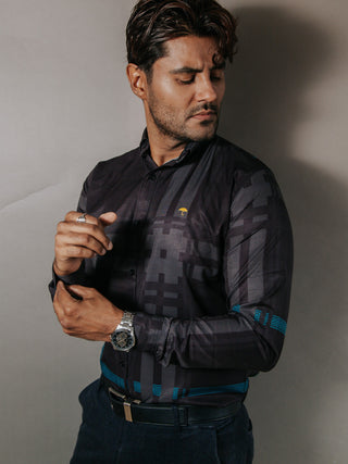 Camisa Hombre Casual Negro Detalles Griego Menta Oscuro