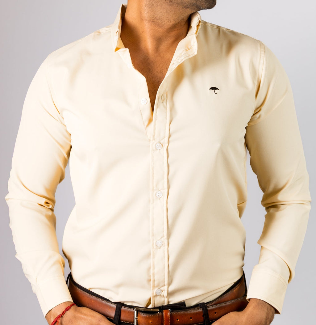 Camisa Hombre Casual Manga Larga Beige Lisa