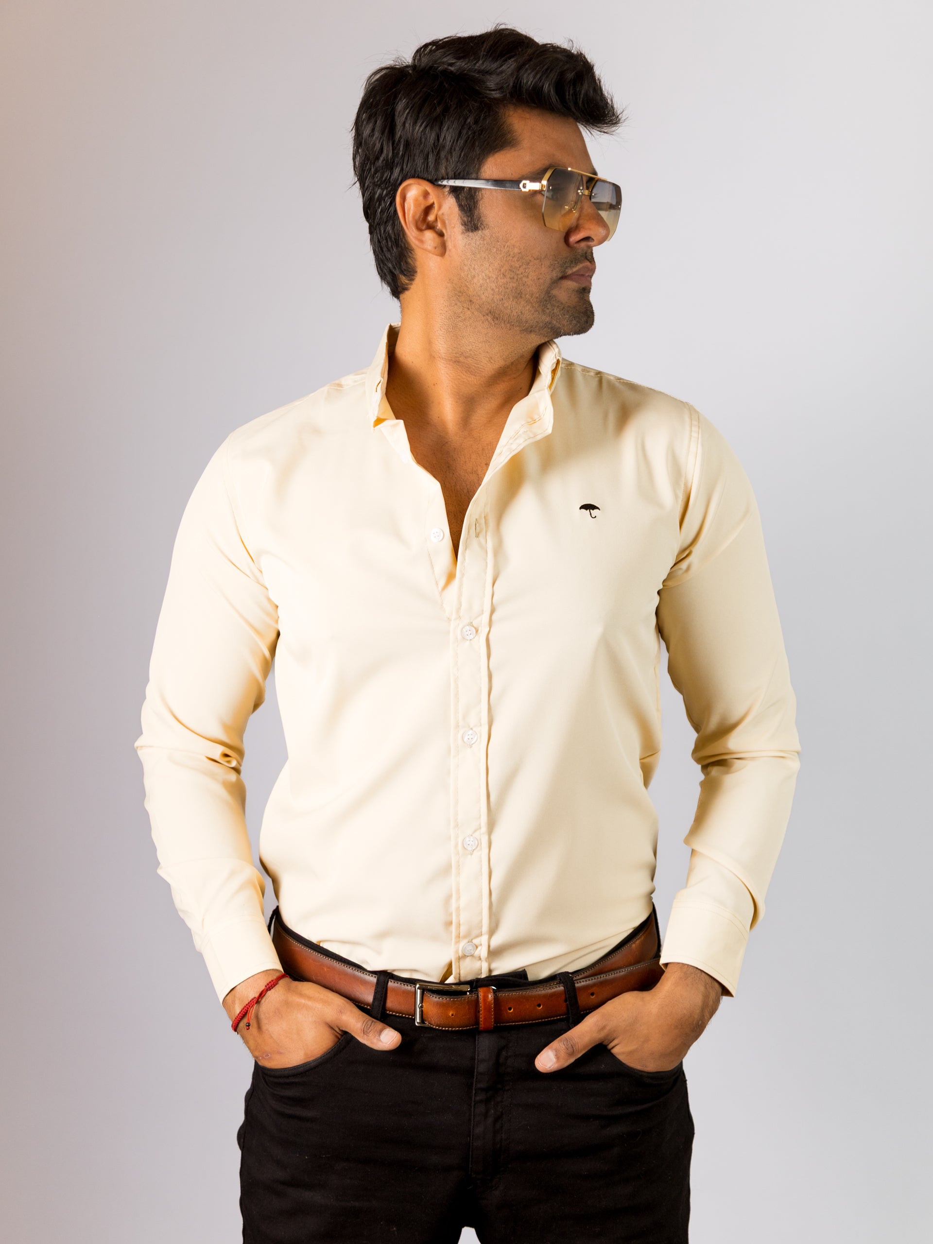 Camisa Hombre Casual Manga Larga Beige Lisa