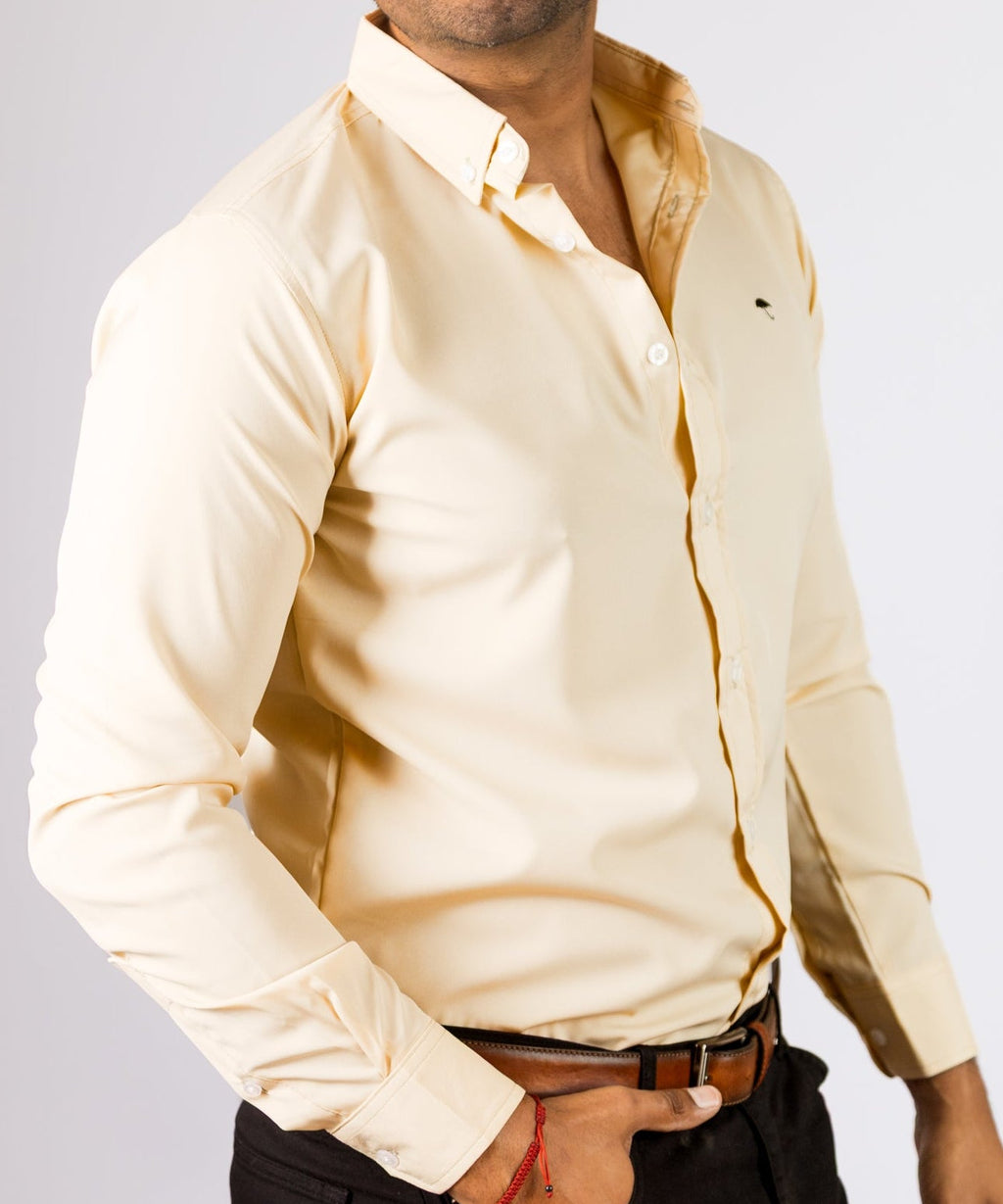 Camisa Hombre Casual Manga Larga Beige Lisa