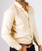 Camisa Hombre Casual Manga Larga Beige Lisa