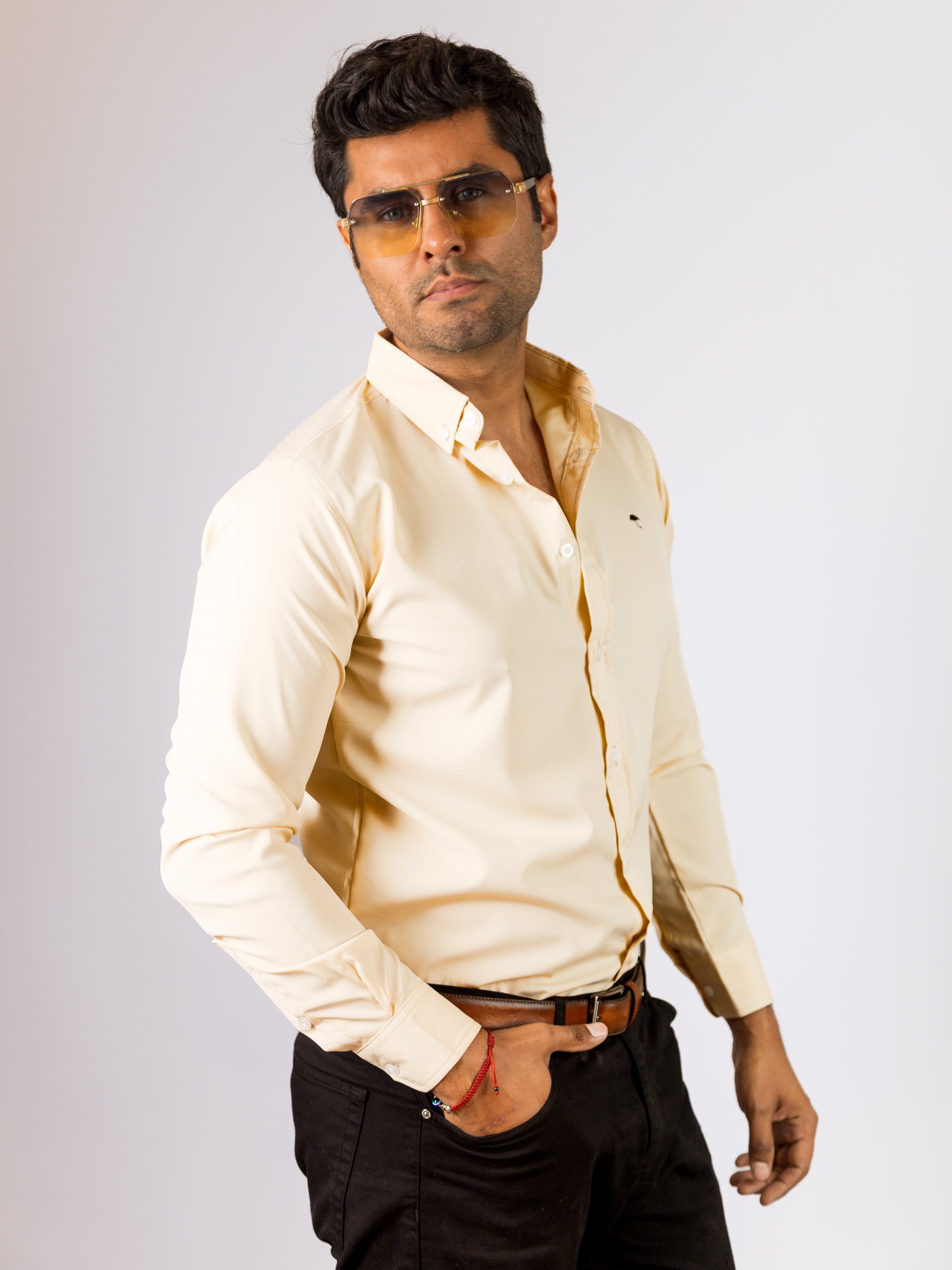 Camisa Hombre Casual Manga Larga Beige Lisa