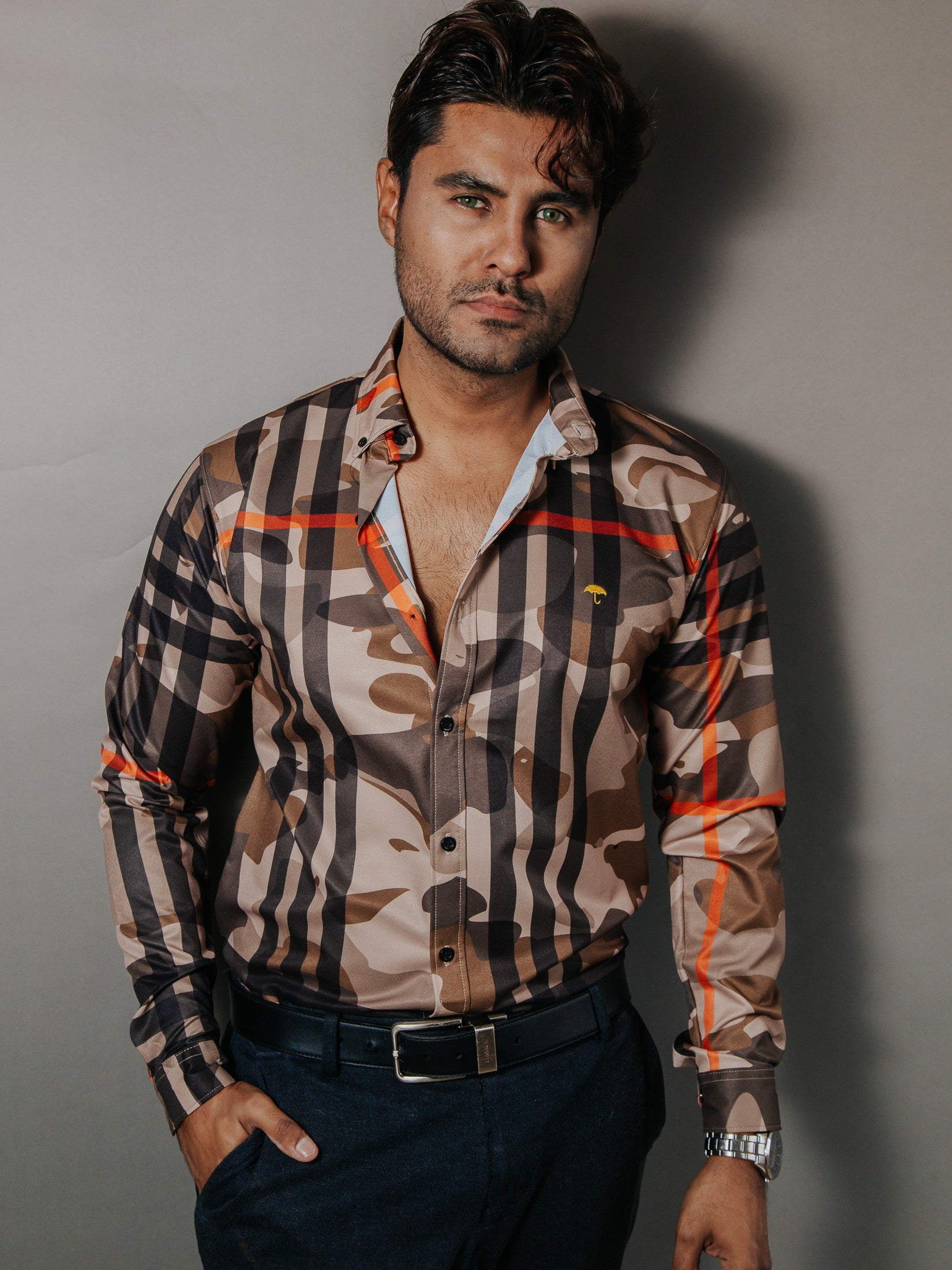 Camisa Hombre Casual Camuflaje Línea Naranja