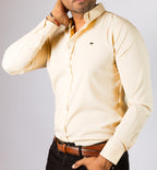 Camisa Hombre Casual Manga Larga Beige Lisa