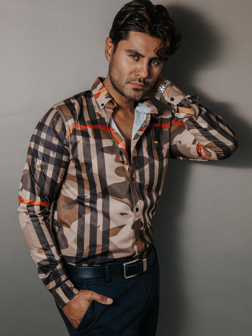 Camisa Hombre Casual Camuflaje Línea Naranja