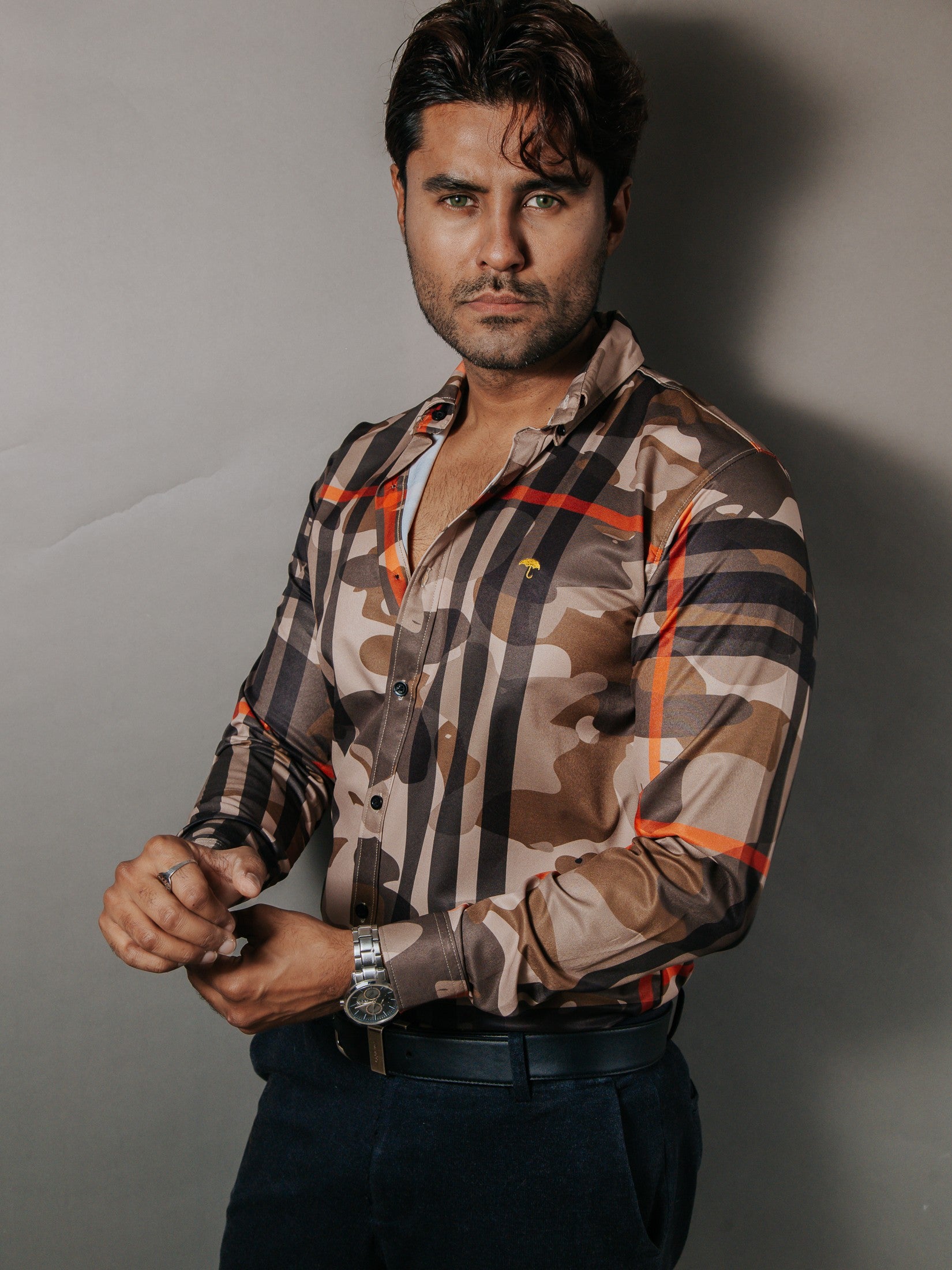Camisa Hombre Casual Camuflaje Línea Naranja