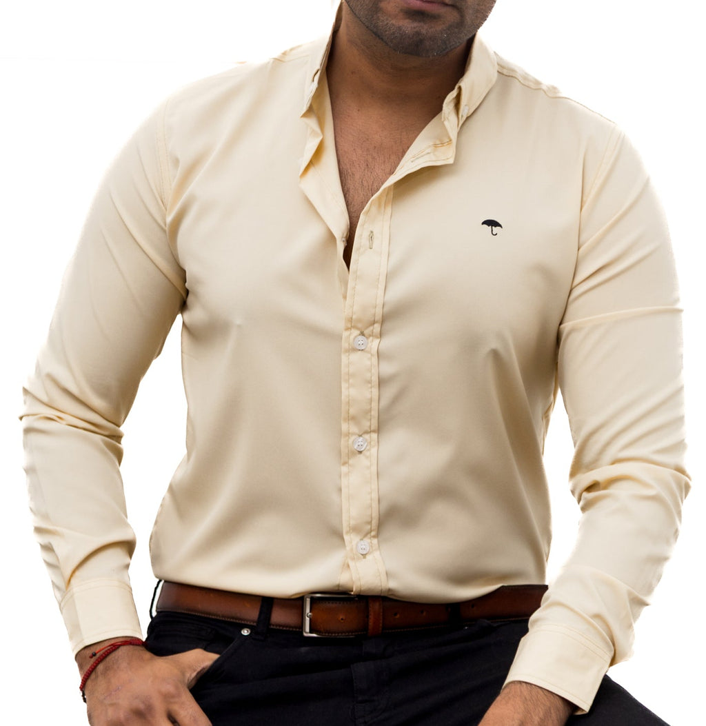 Camisa Hombre Casual Manga Larga Beige Lisa