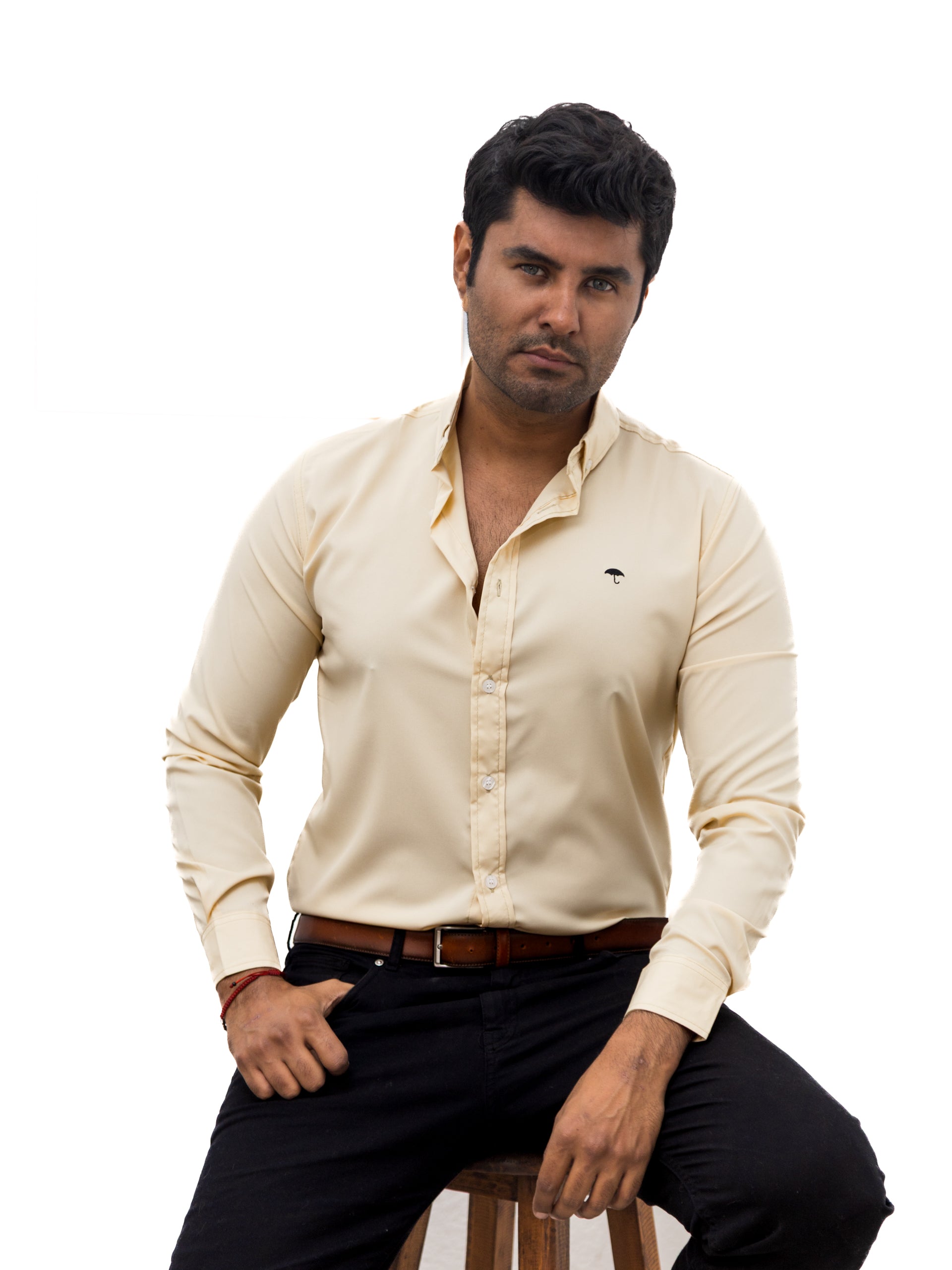 Camisa Hombre Casual Manga Larga Beige Lisa