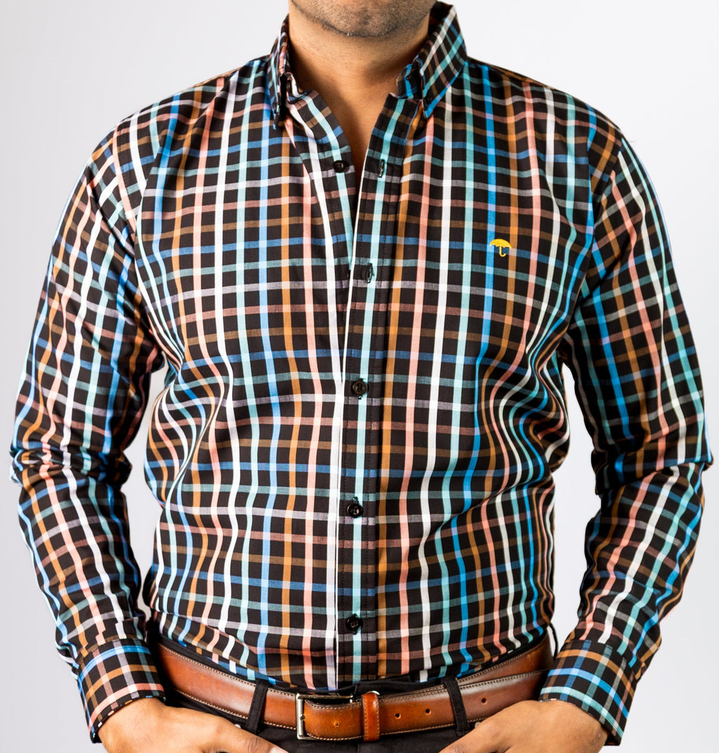 Camisa Hombre Casual Negra Cuadros Colores